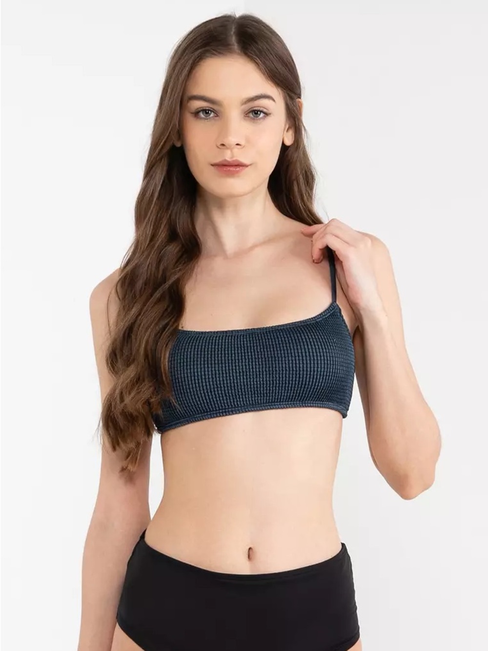 Cotton On Body Straight Neck Crop Bikini Top Navy Black Crinkle $25